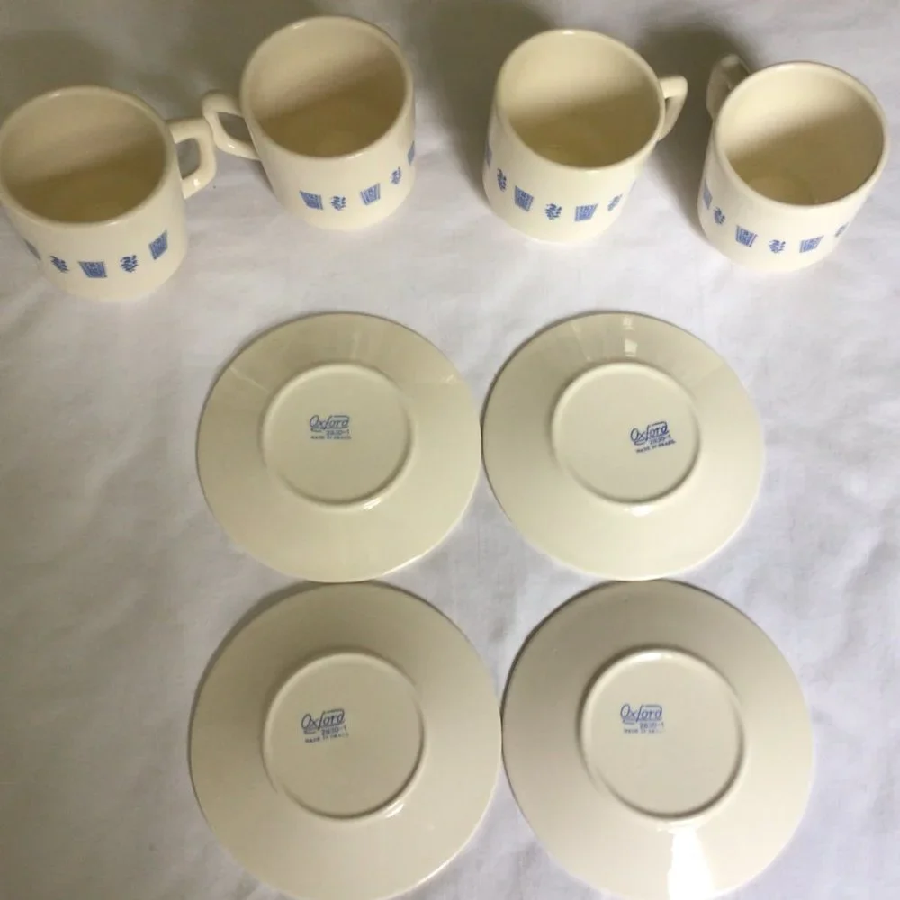 Set of Four Cream colored Mugs and Saucers with blue print design - Picture 6 of 8